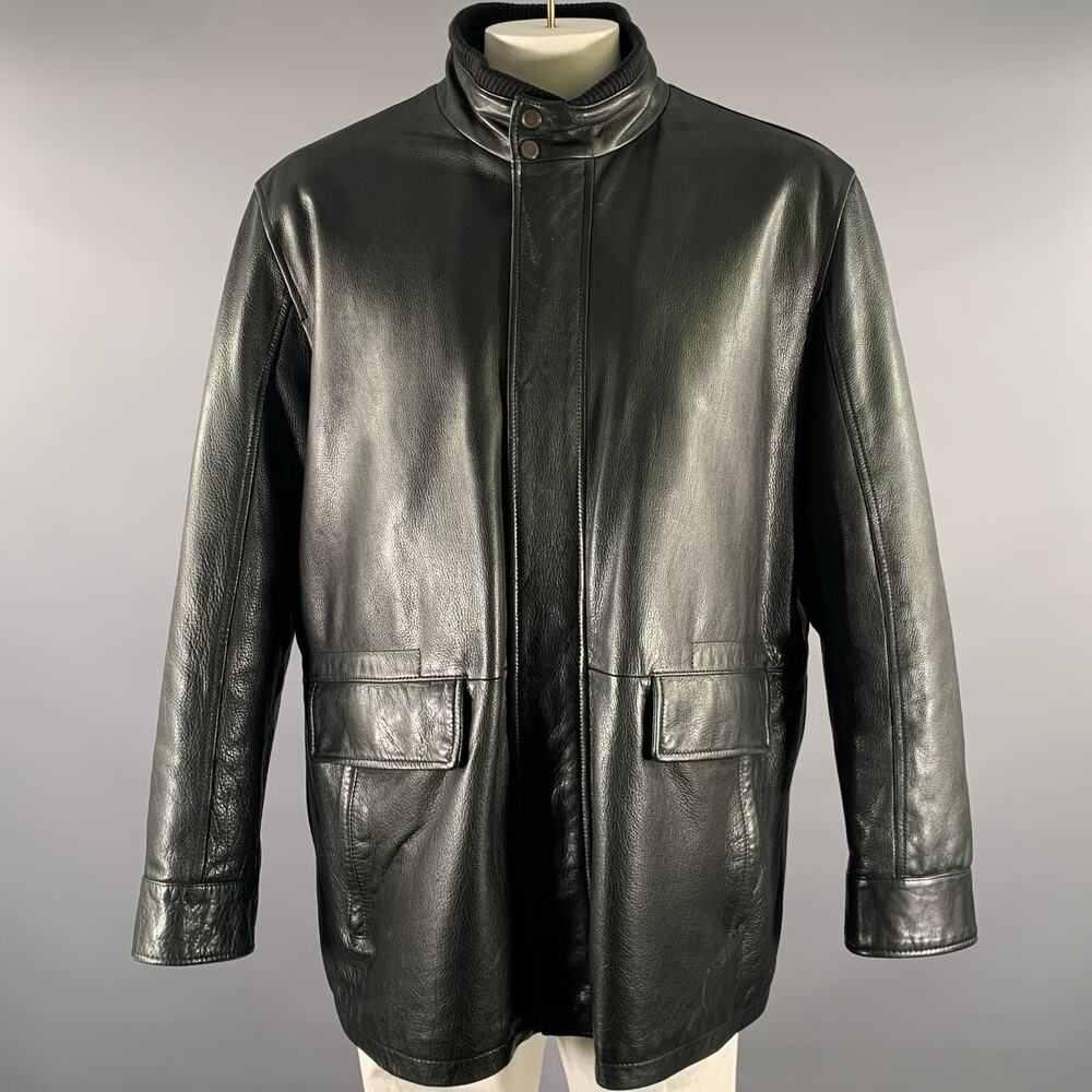 SAKS FIFTH AVENUE Size XXL Black Leather Mock Neck Zip Jacket